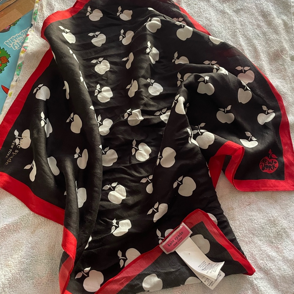 KATE SPADE Black and Red Apple Print Scarf
